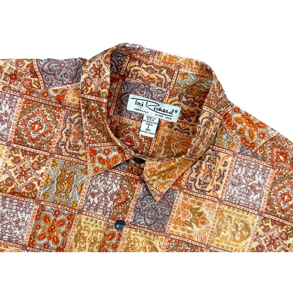 Tori Richard Mens L Vintage Hawaiian Shirt Patchwork Tile Print Cotton Lawn USA